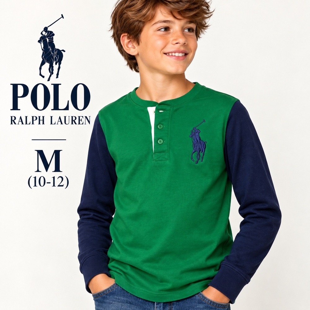 Polo Ralph Lauren Henley Boys M 10-12 Green Navy Big Pony Long Sleeve Shirt